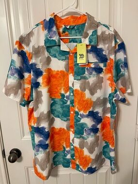 all in motion Men’s XXL Short Sleeve Button-Down Shirt - Orange Teal Blue Gray